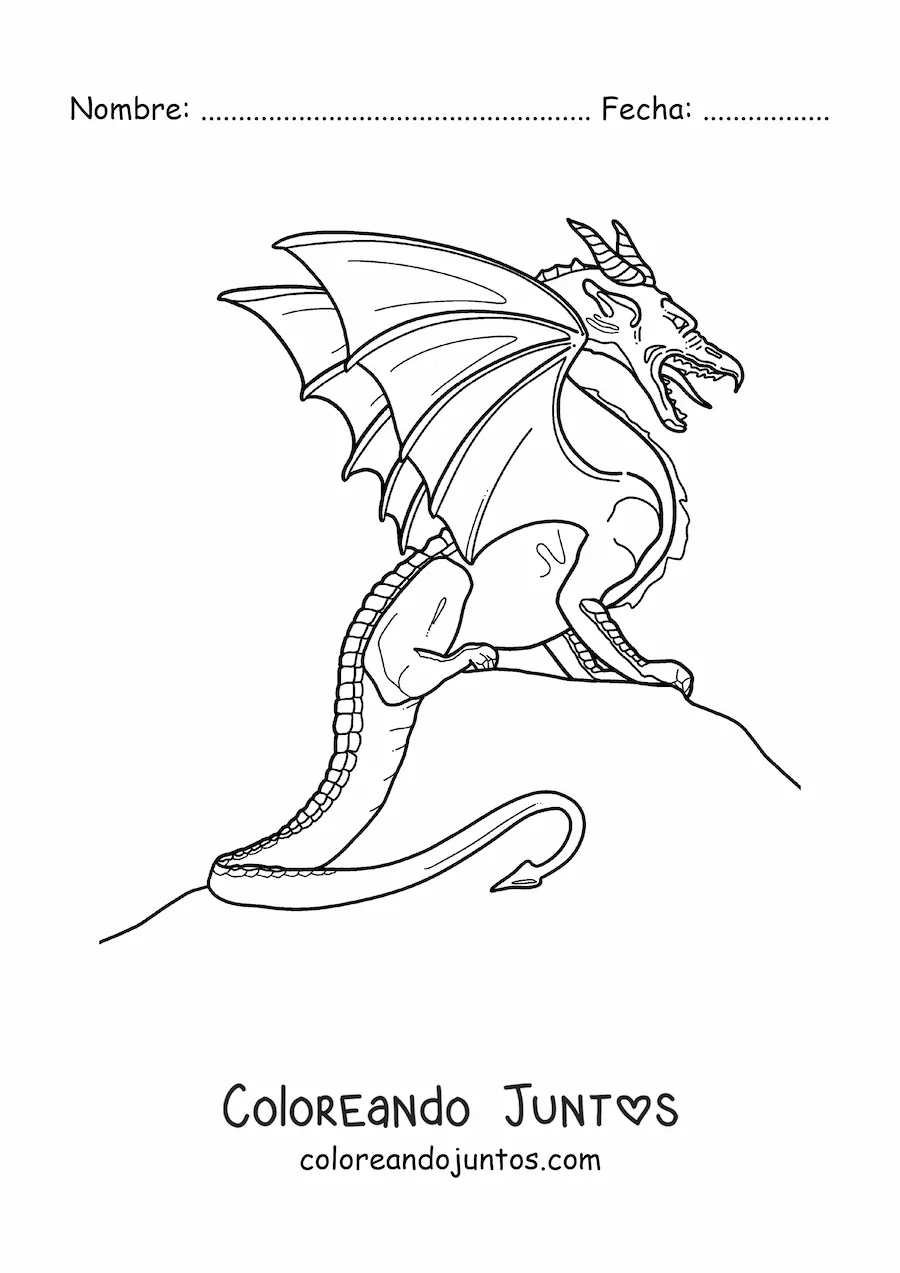 Imagen para colorear de dragón volador realista sentado
