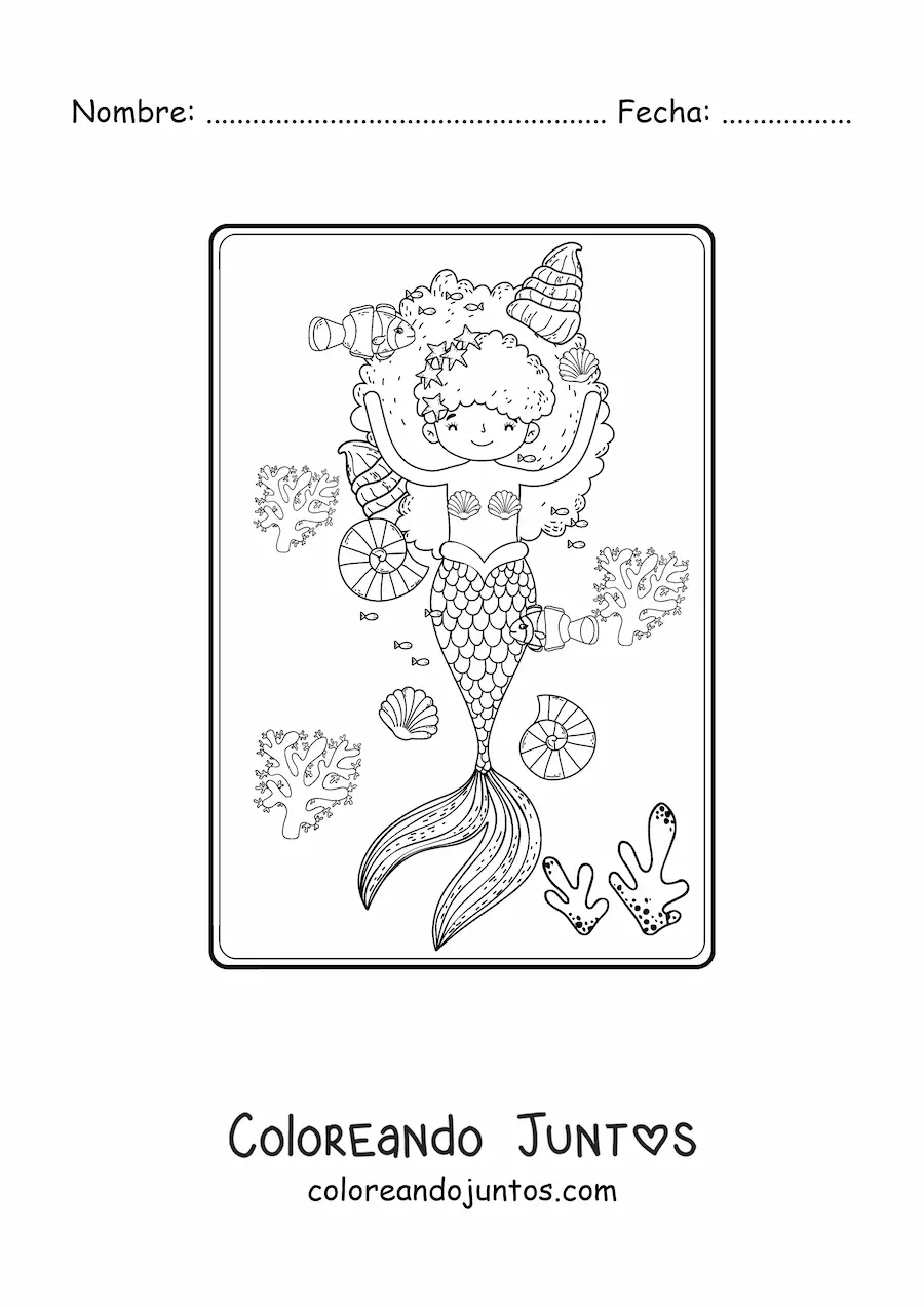 Imagen para colorear de linda sirena con afro