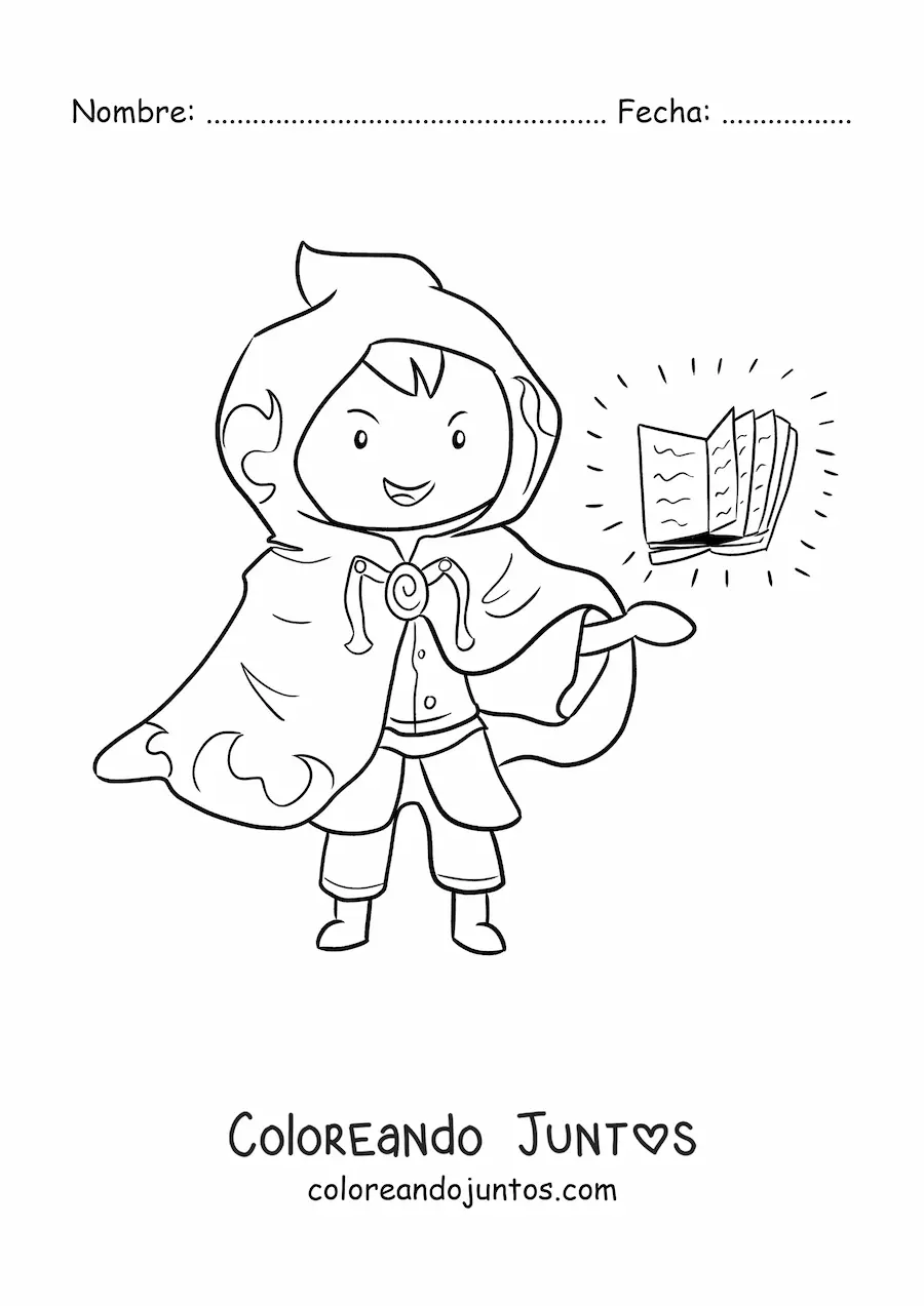 Imagen para colorear de hechicero con capa y libro de hechizos