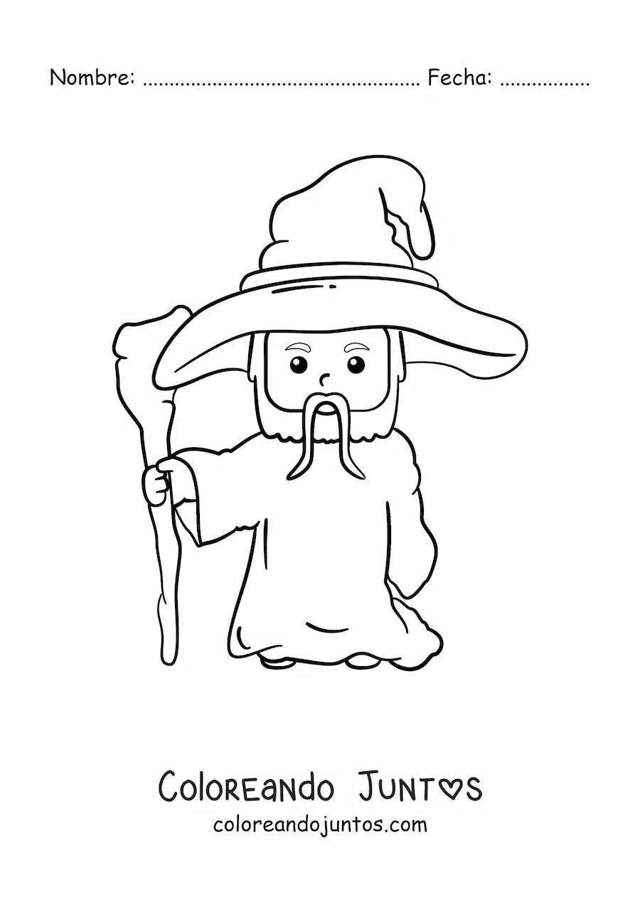 Imagen para colorear de hechicero kawaii con bastón