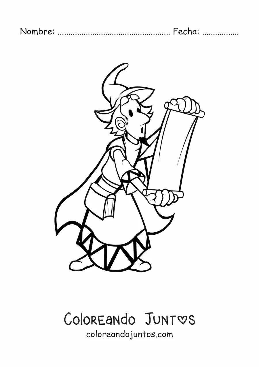 Imagen para colorear de hechicero animado leyendo un pergamino