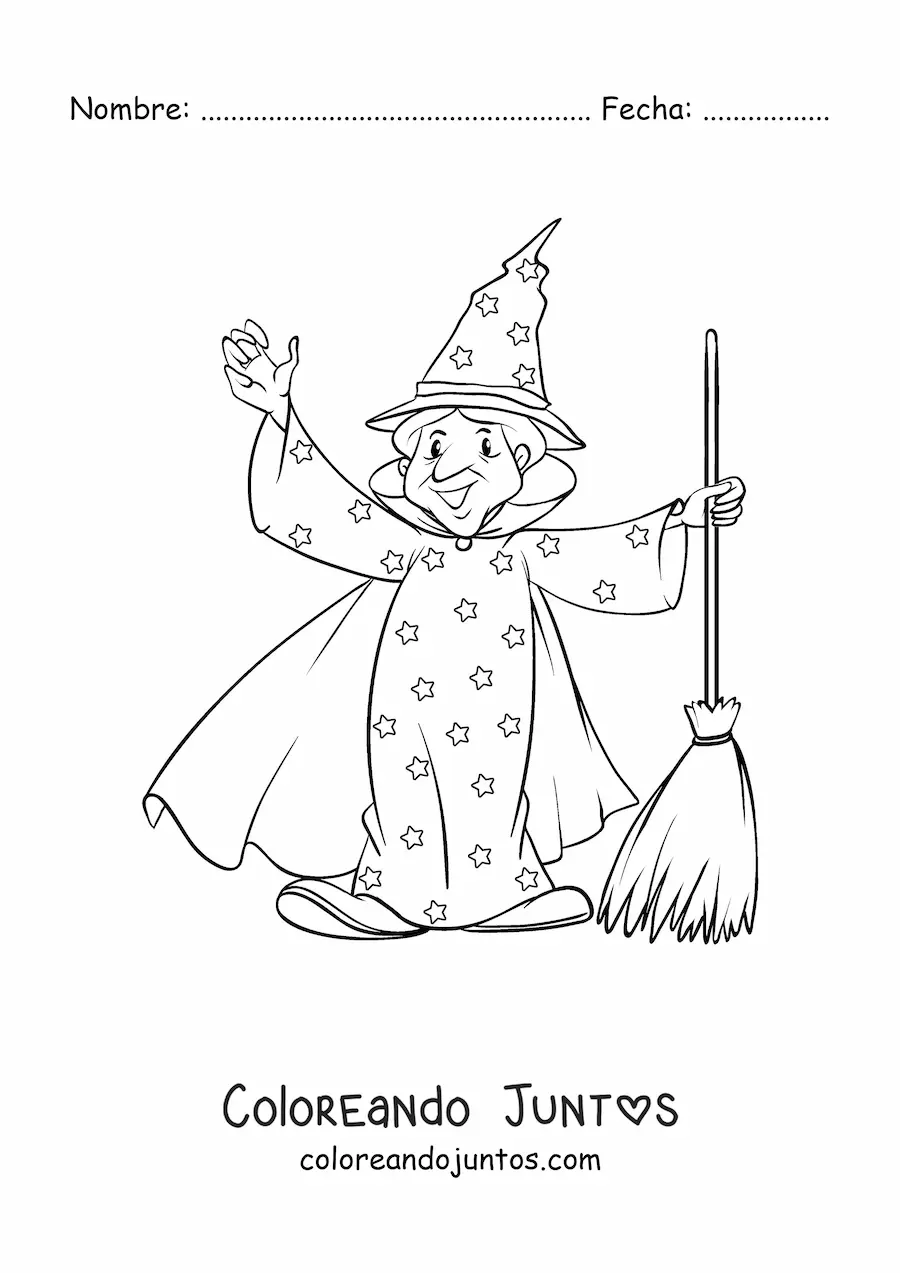 Imagen para colorear de hechicero con capa y escoba