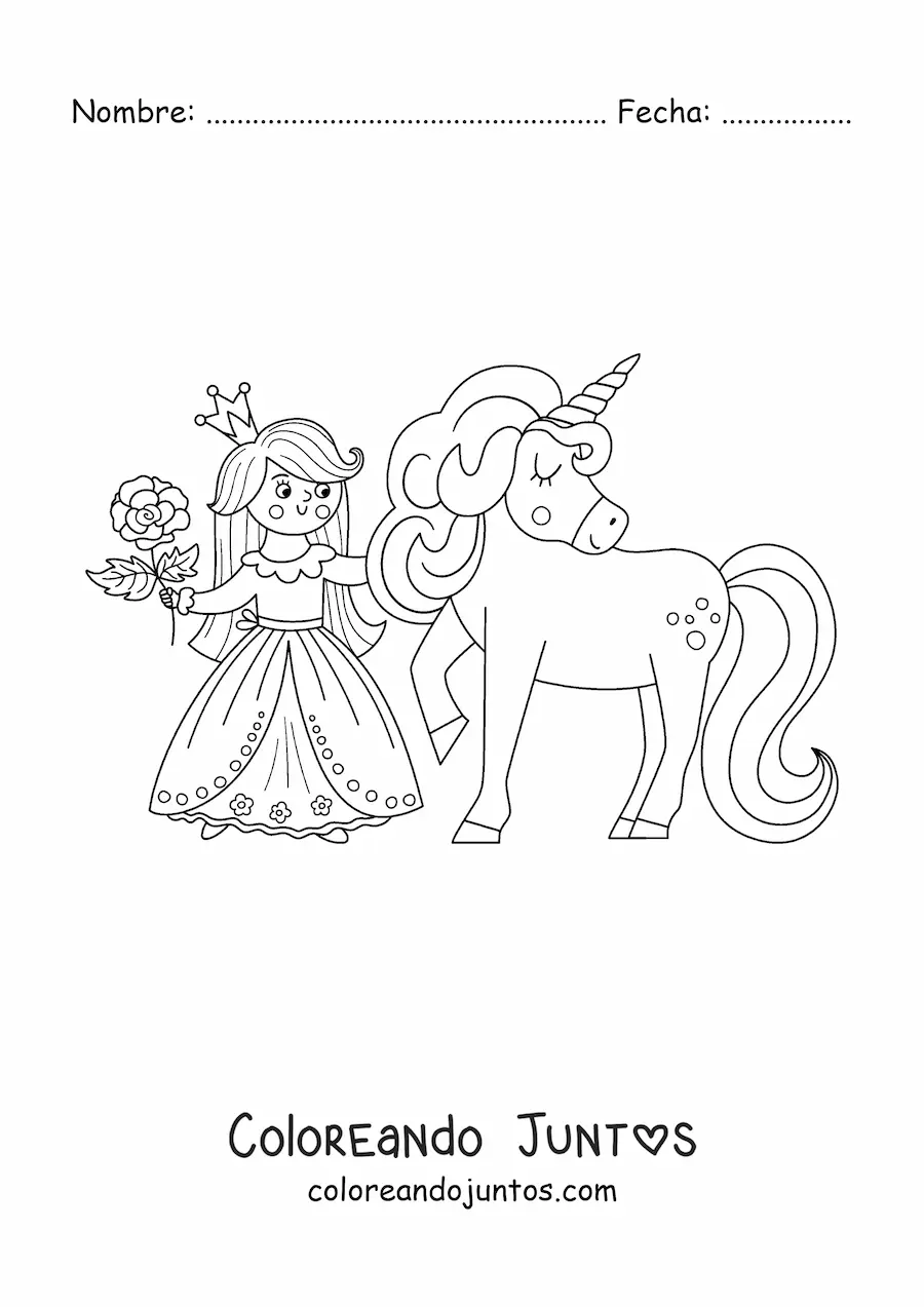 Imagen para colorear de princesa kawaii con unicornio