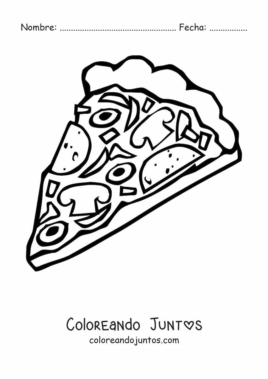 Imagen para colorear de una rebanada de pizza con hongos y aceitunas
