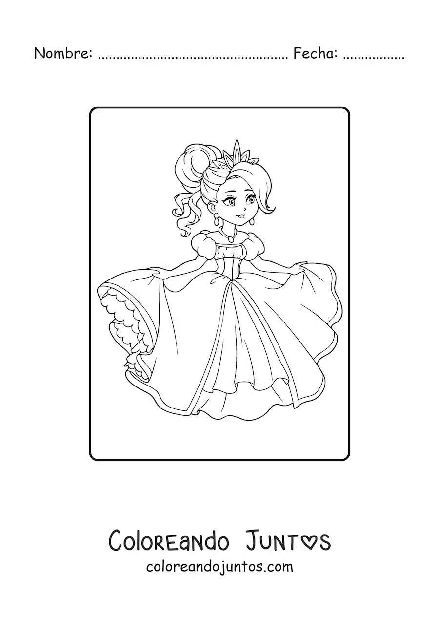 Imagen para colorear de niña princesa con hermoso vestido