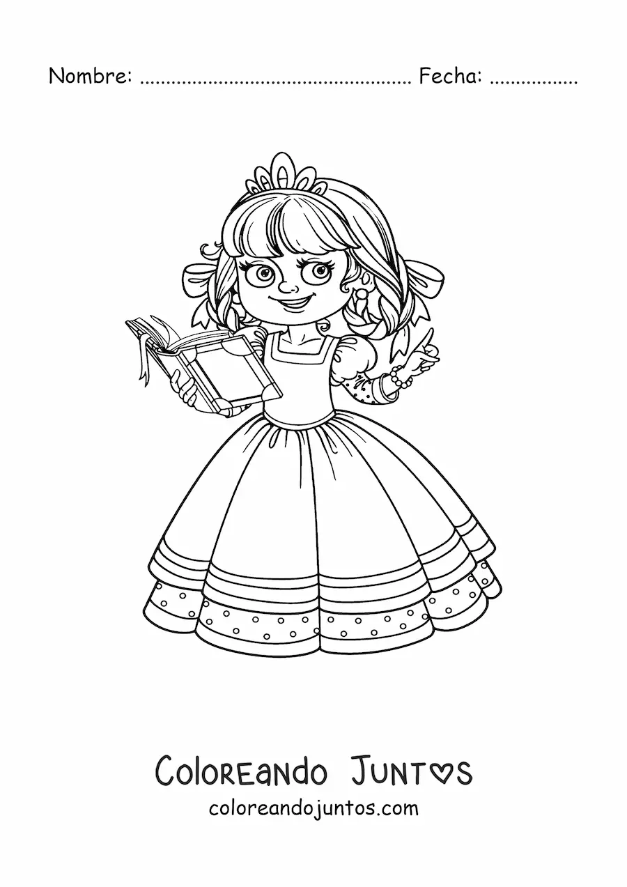 Imagen para colorear de princesa kawaii leyendo un libro
