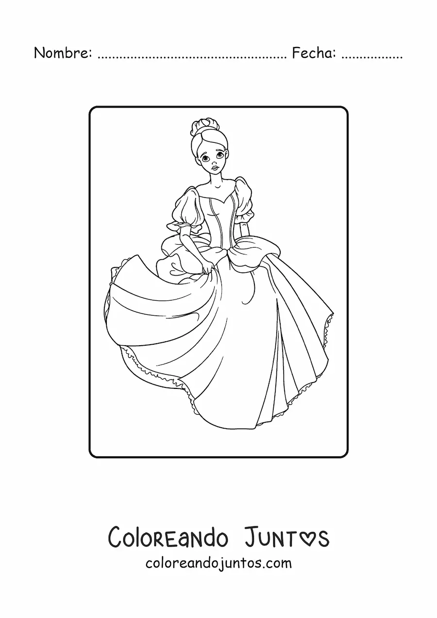 Imagen para colorear de princesa triste con hermoso vestido
