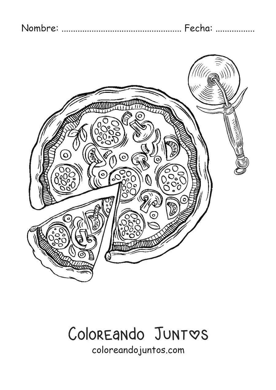 Imagen para colorear de una pizza junto a un cortador de rebanadas
