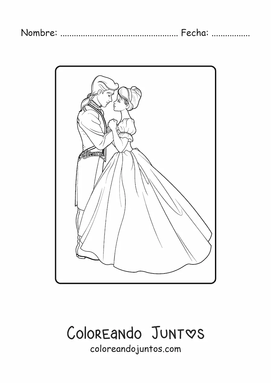 Imagen para colorear de princesa bailando con el príncipe
