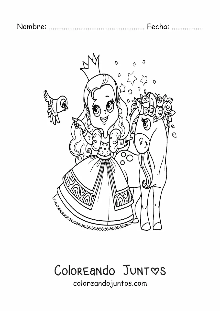 Imagen para colorear de princesa kawaii con unicornio y ave