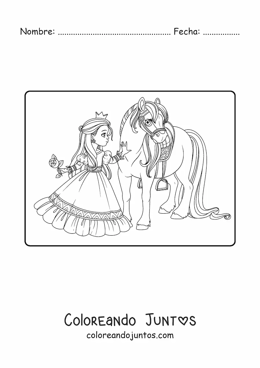 Imagen para colorear de princesa con rosa y corcel
