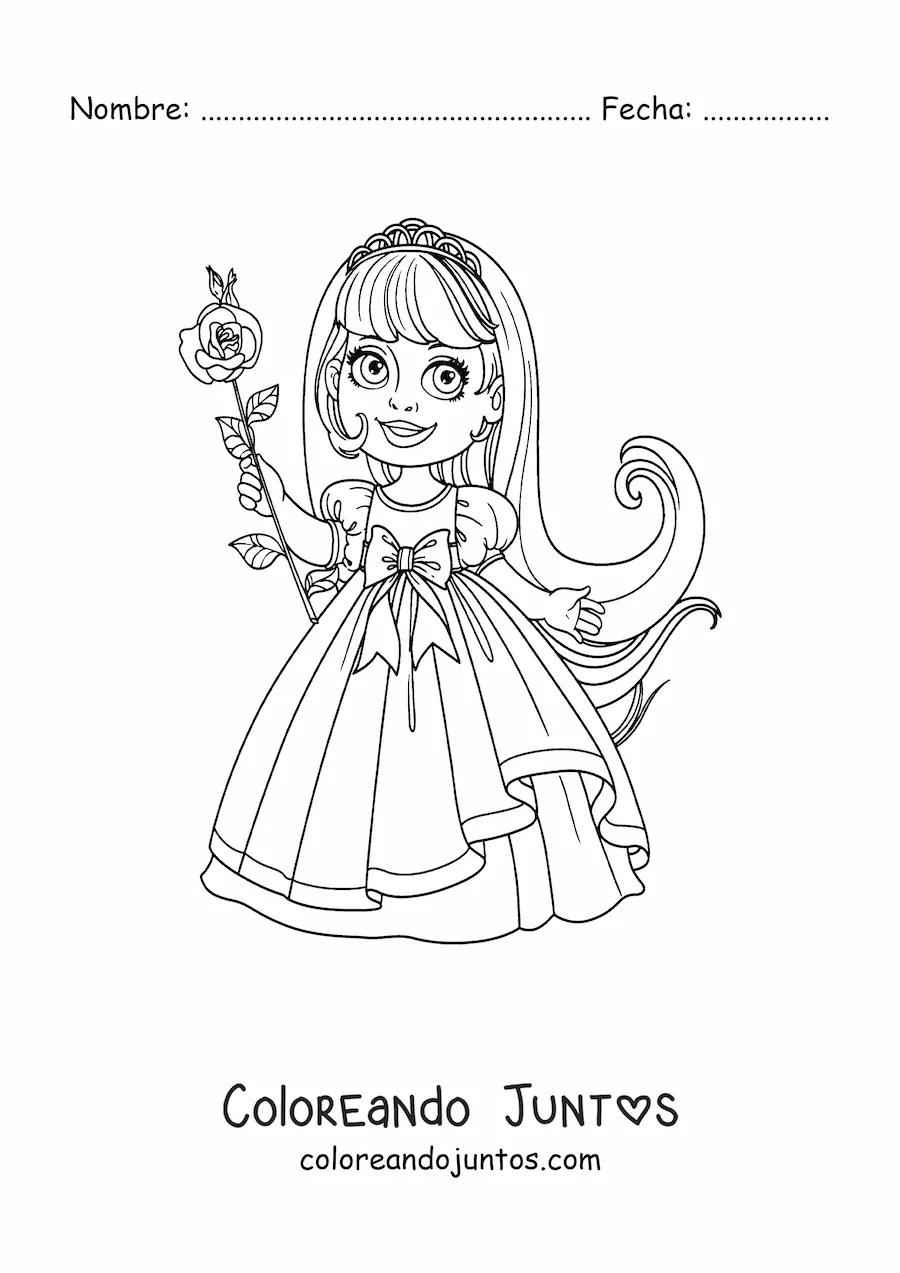 Imagen para colorear de niña princesa con una rosa