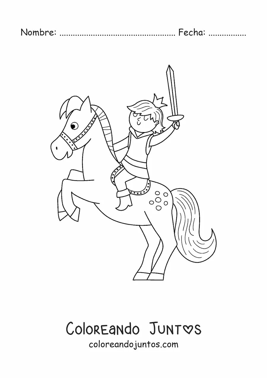 Imagen para colorear de príncipe kawaii en caballo con espada