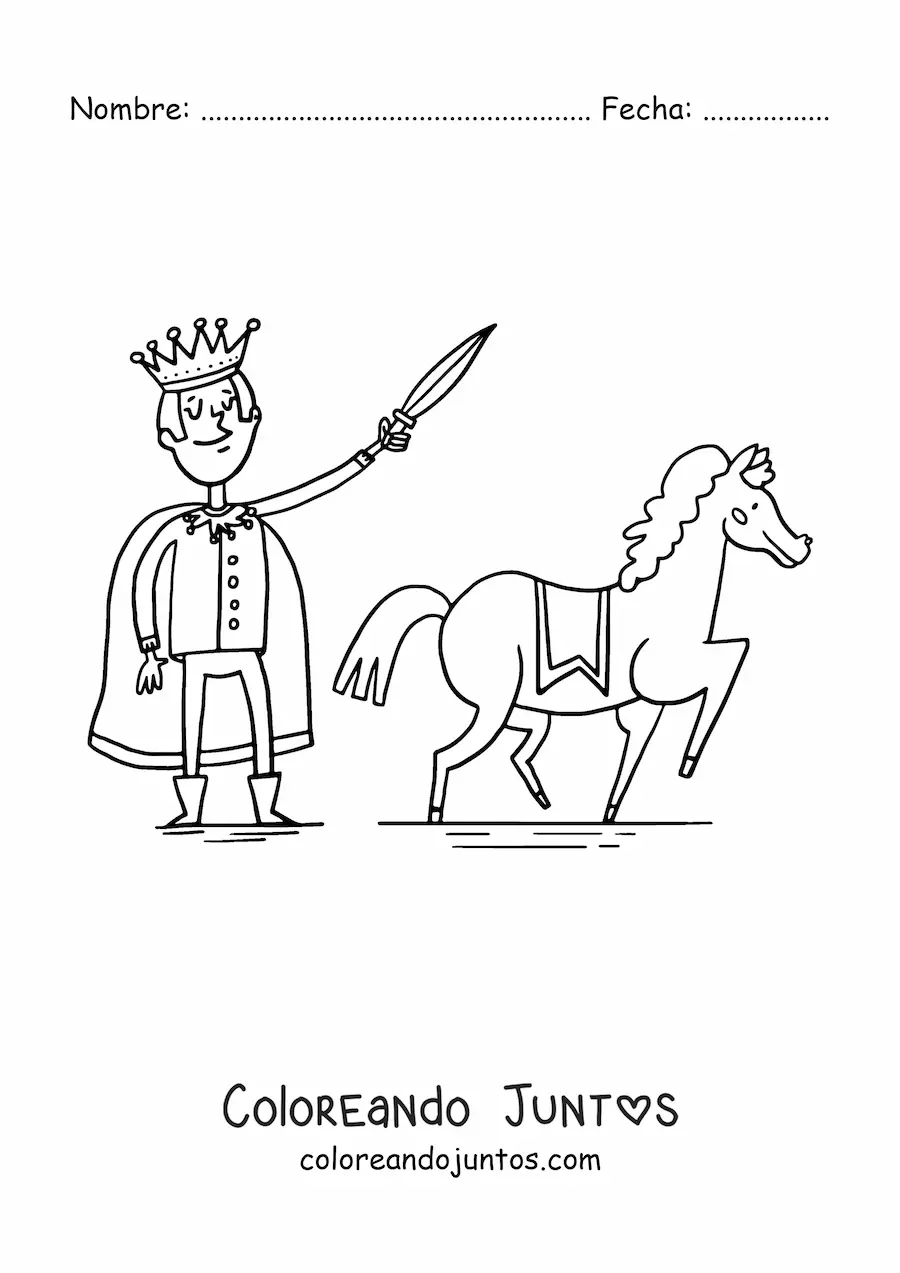 Imagen para colorear de gracioso príncipe medieval animado y su corcel