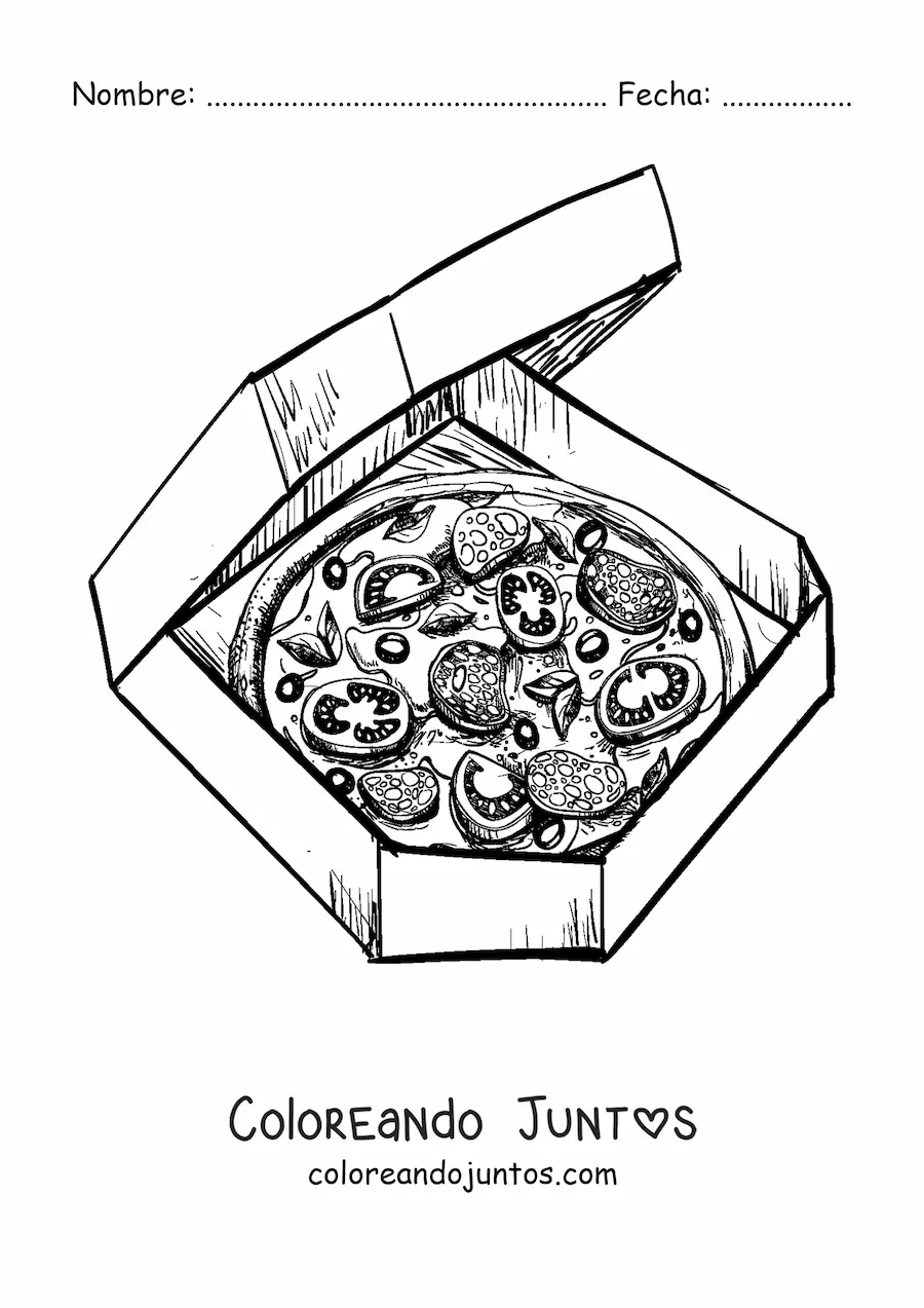 Imagen para colorear de una pizza en una caja de pizzas