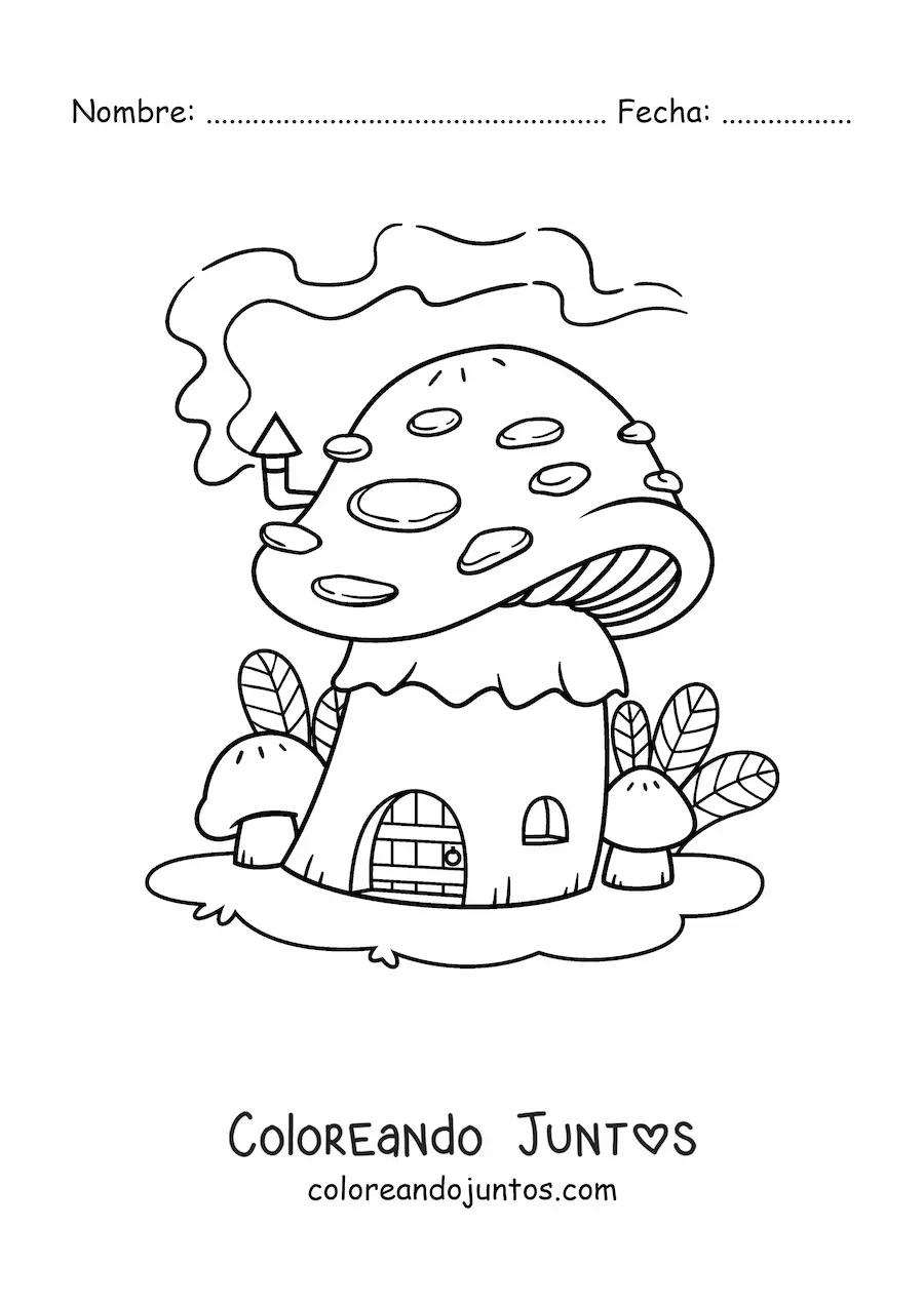 Imagen para colorear de casa con forma de hongo en el bosque encantado