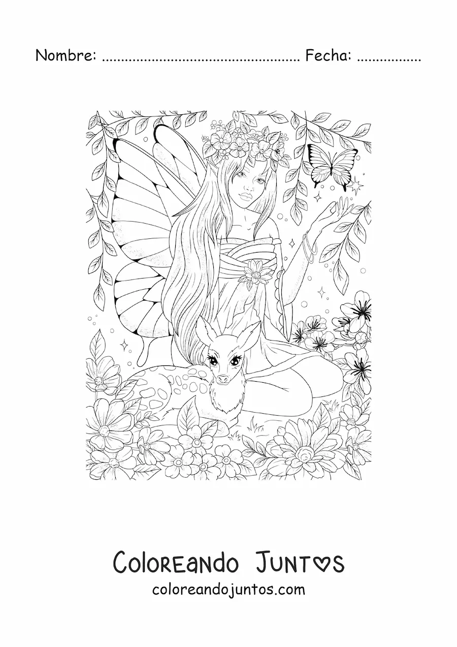 Imagen para colorear de hada realista con mariposa y un ciervo sentada en el bosque encantado