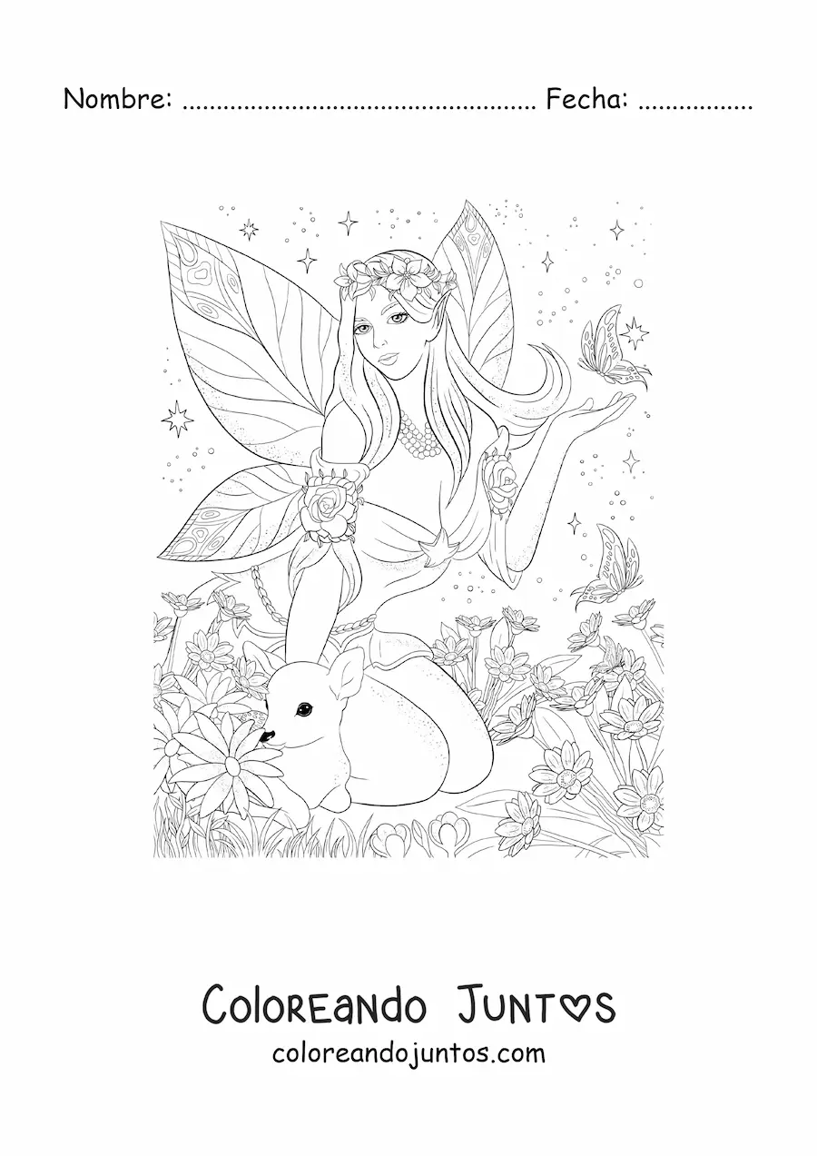 Imagen para colorear de hermosa hada realista con mariposa y un ciervo sentada en el bosque encantado