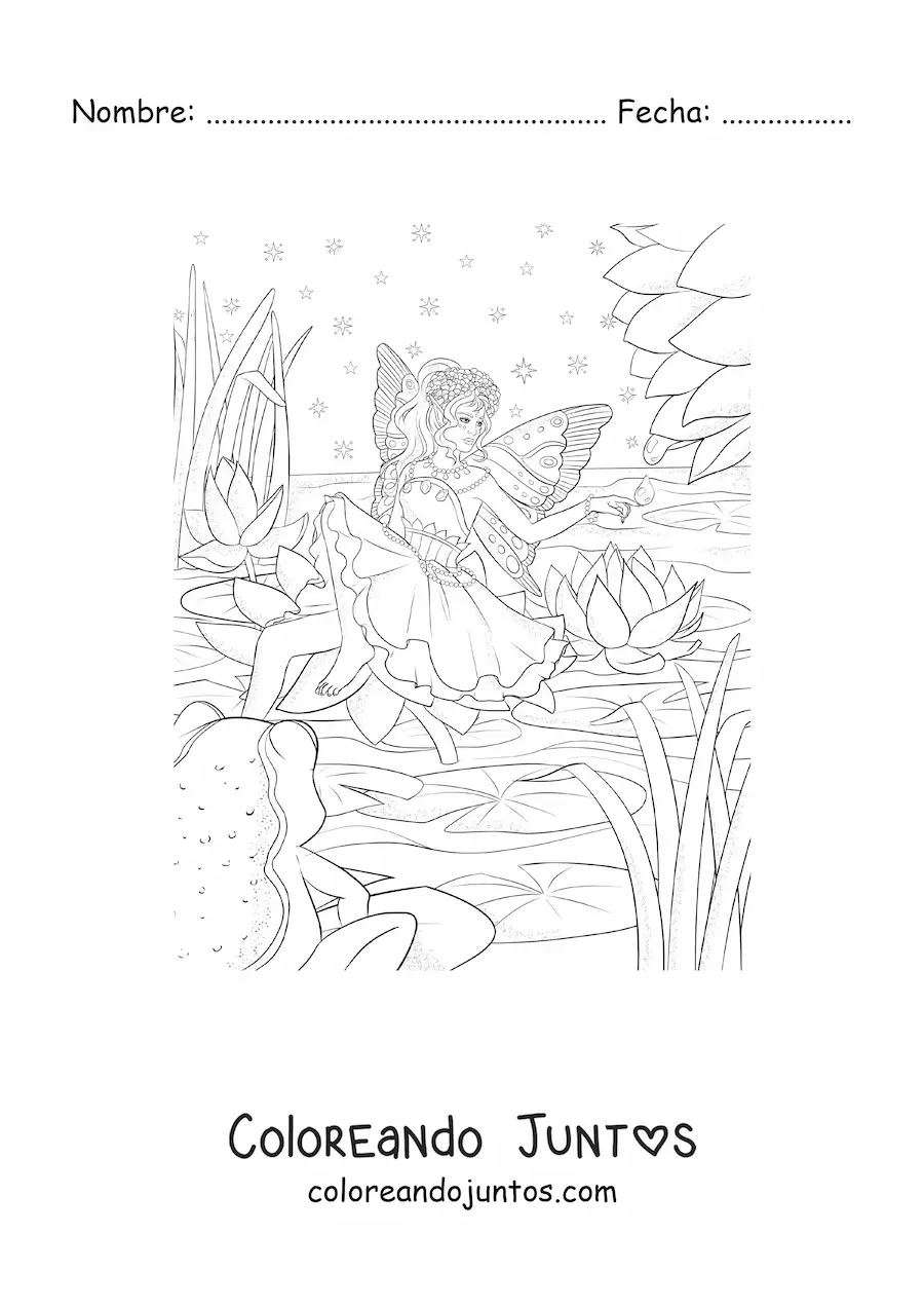 Imagen para colorear de hermosa hada del agua en un lago en el bosque encantado