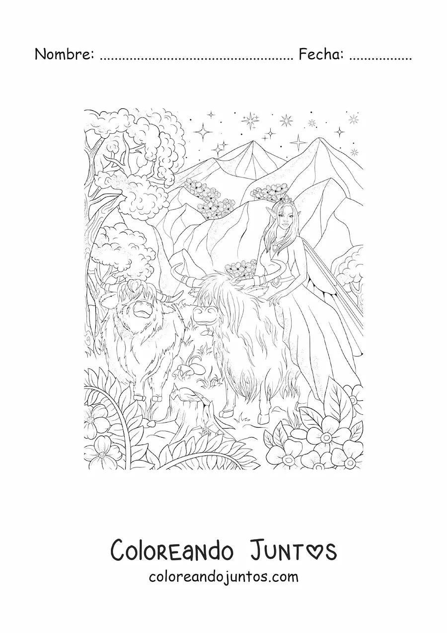 Imagen para colorear de hermosa hada de los animales sentada sobre un buey en el bosque encantado