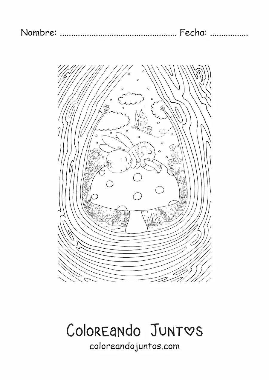 Imagen para colorear de hada bebé durmiendo sobre un hongo en jardín mágico