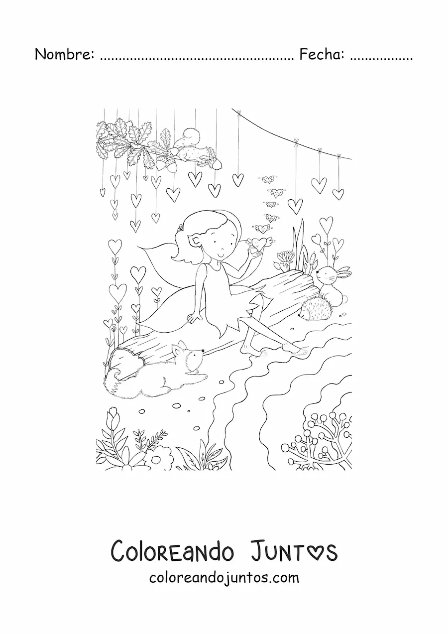 Imagen para colorear de niña hada con animales en el bosque encantado