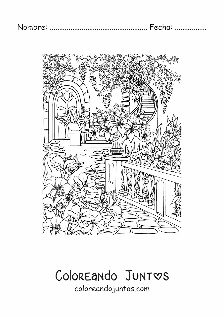 Imagen para colorear de jardín secreto con flores y escaleras