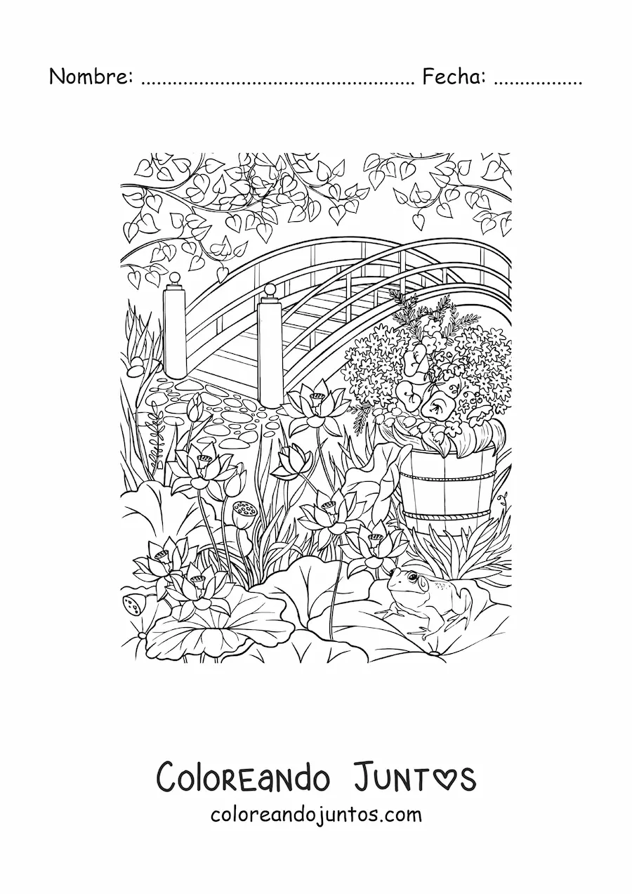 Imagen para colorear de jardín secreto con flores y un puente