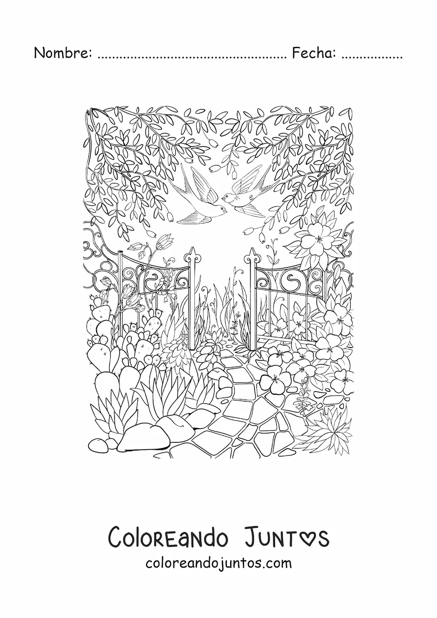 Imagen para colorear de jardín secreto con flores y aves