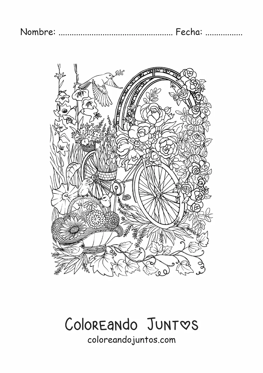 Imagen para colorear de bicicleta en un jardín secreto con flores y aves