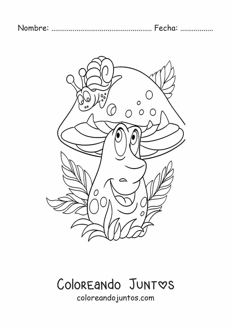 Imagen para colorear de hongo animado con caracol