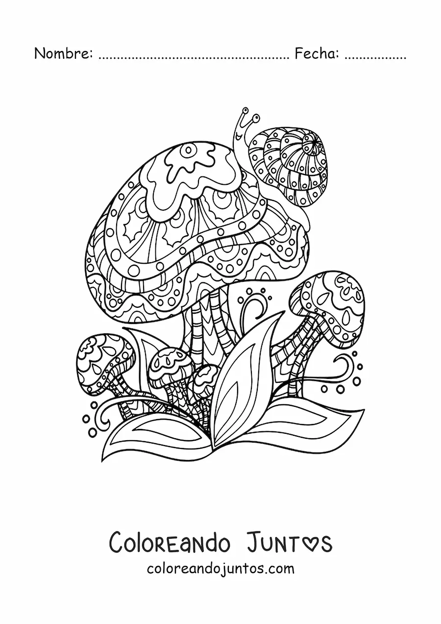 Imagen para colorear de hongos con caracol estilo Zentangle