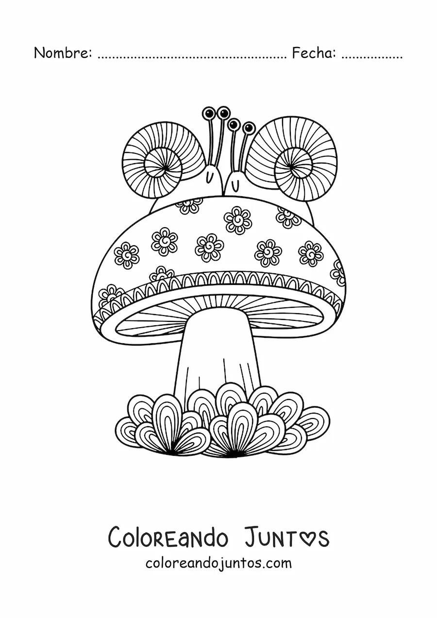Imagen para colorear de hongo con caracoles estilo Zentangle