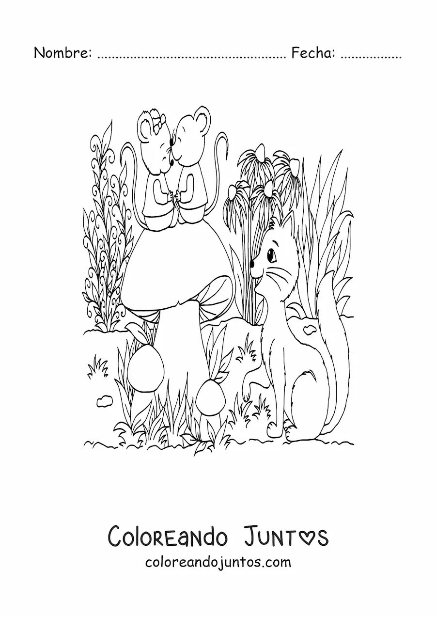Imagen para colorear de gato y ratones en jardín mágico