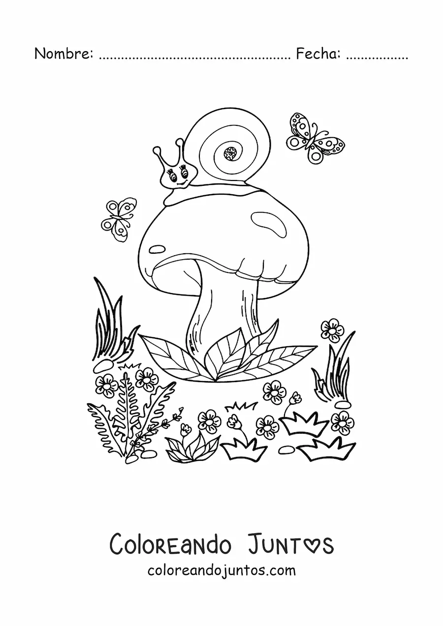 Imagen para colorear de hongo con caracol y mariposas en el bosque mágico