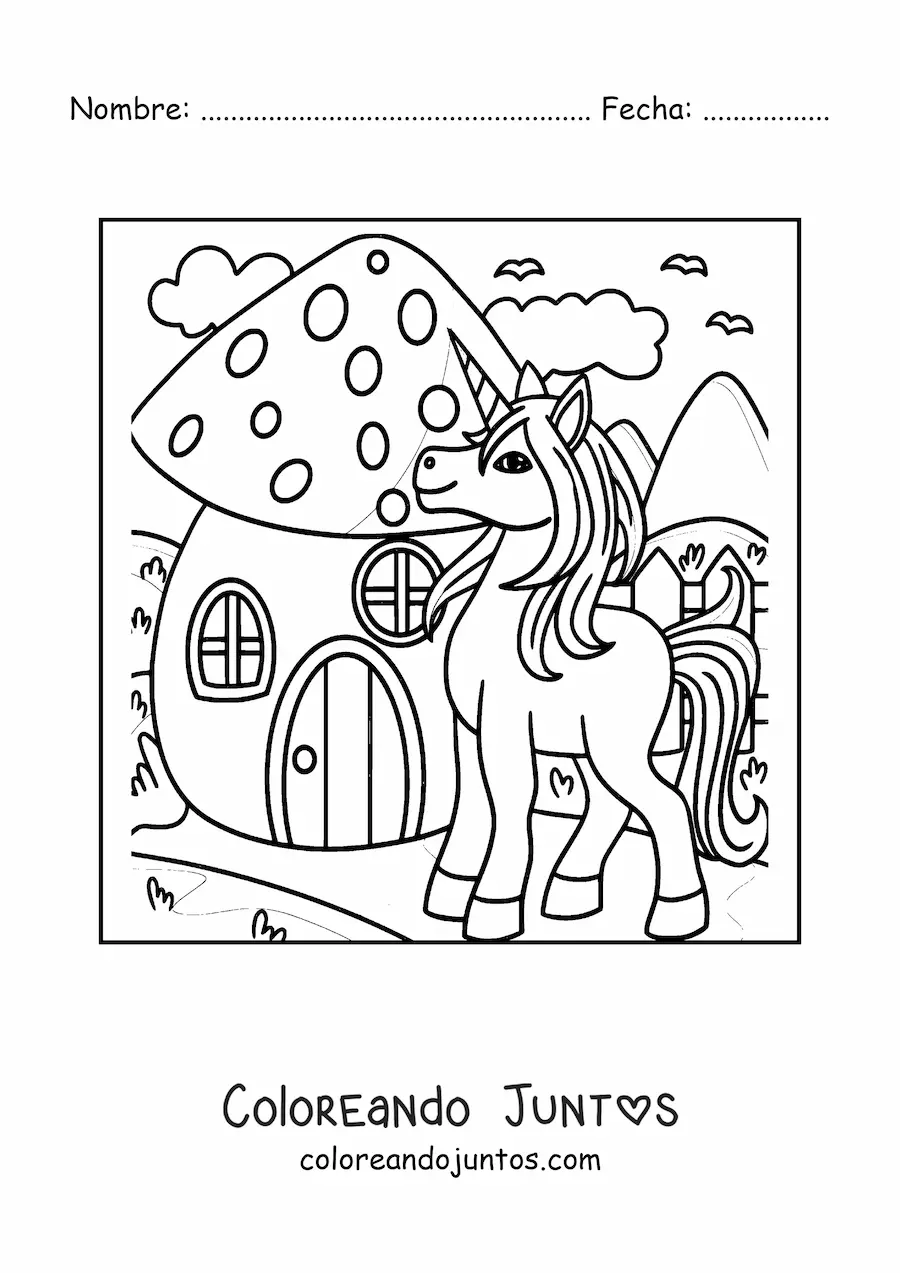 Imagen para colorear de unicornio junto a casa con forma de hongo en el bosque encantado