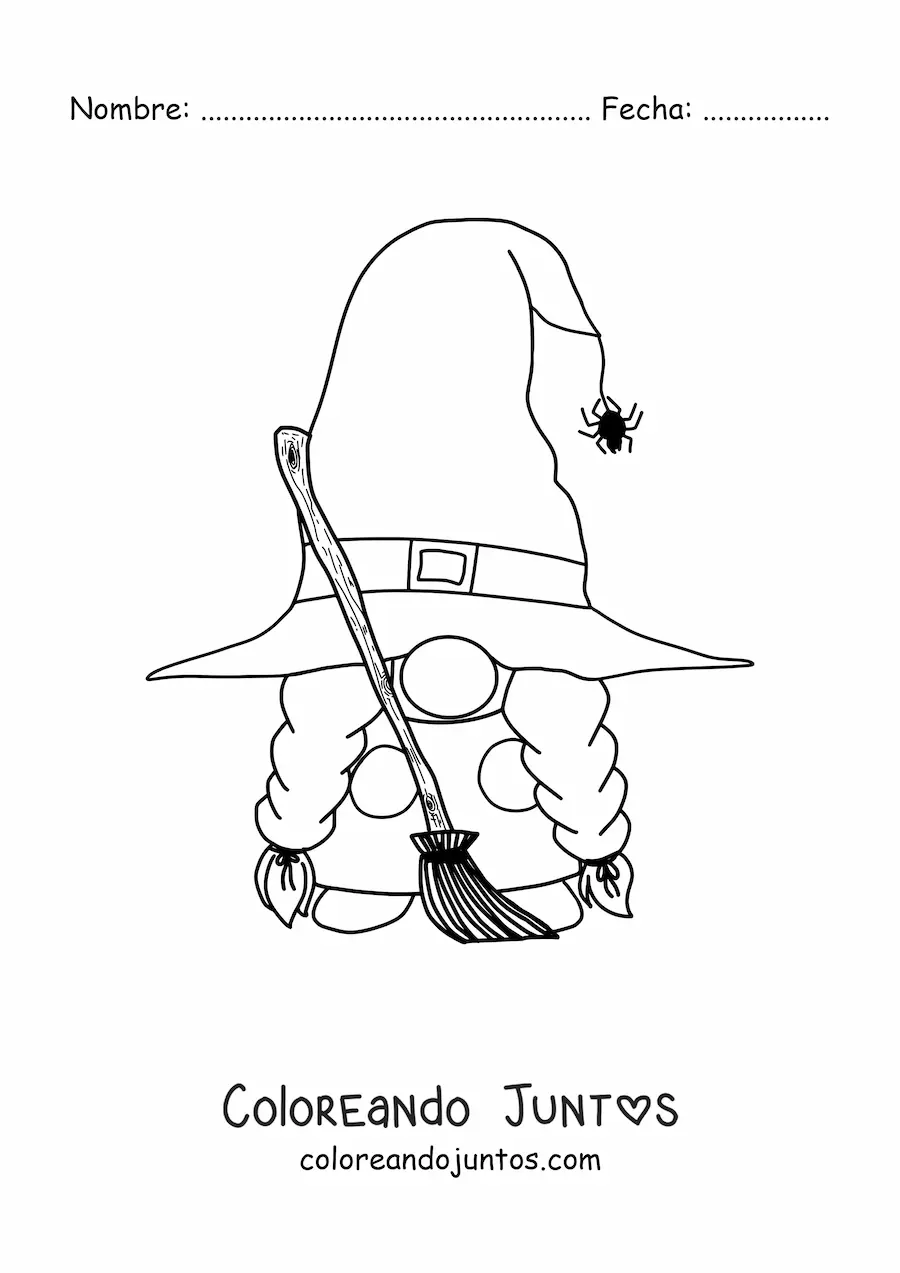 Imagen para colorear de gnomo de Halloween con escoba
