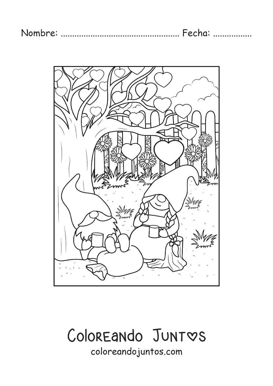 Imagen para colorear de pareja de gnomos enamorados tomando café en el jardín