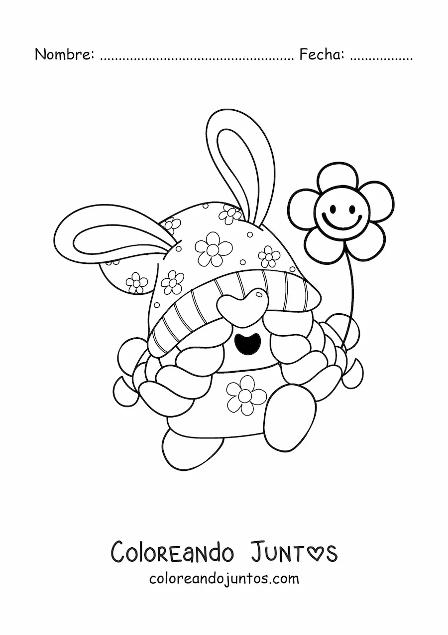 Imagen para colorear de gracioso gnomo de Pascua con una flor