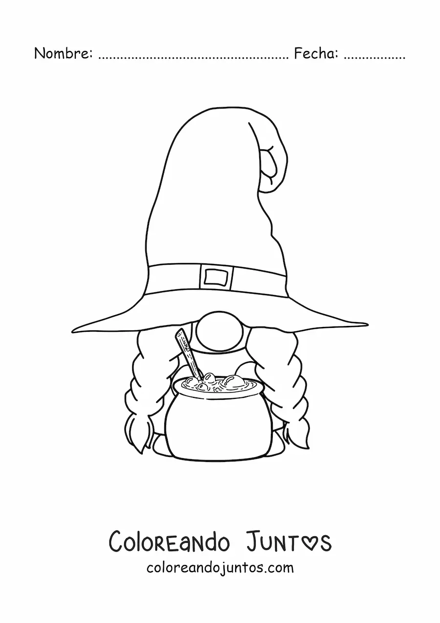 Imagen para colorear de gnomo de Halloween con caldero