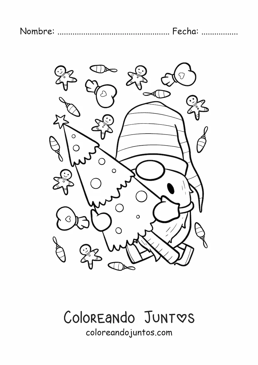 Imagen para colorear de gnomo navideño con arbolito