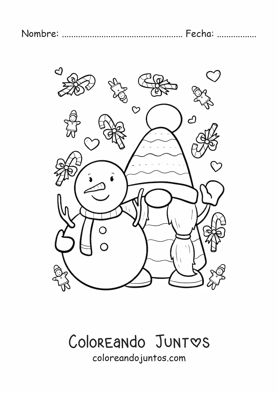 Imagen para colorear de gnomo navideño con muñeco de nieve