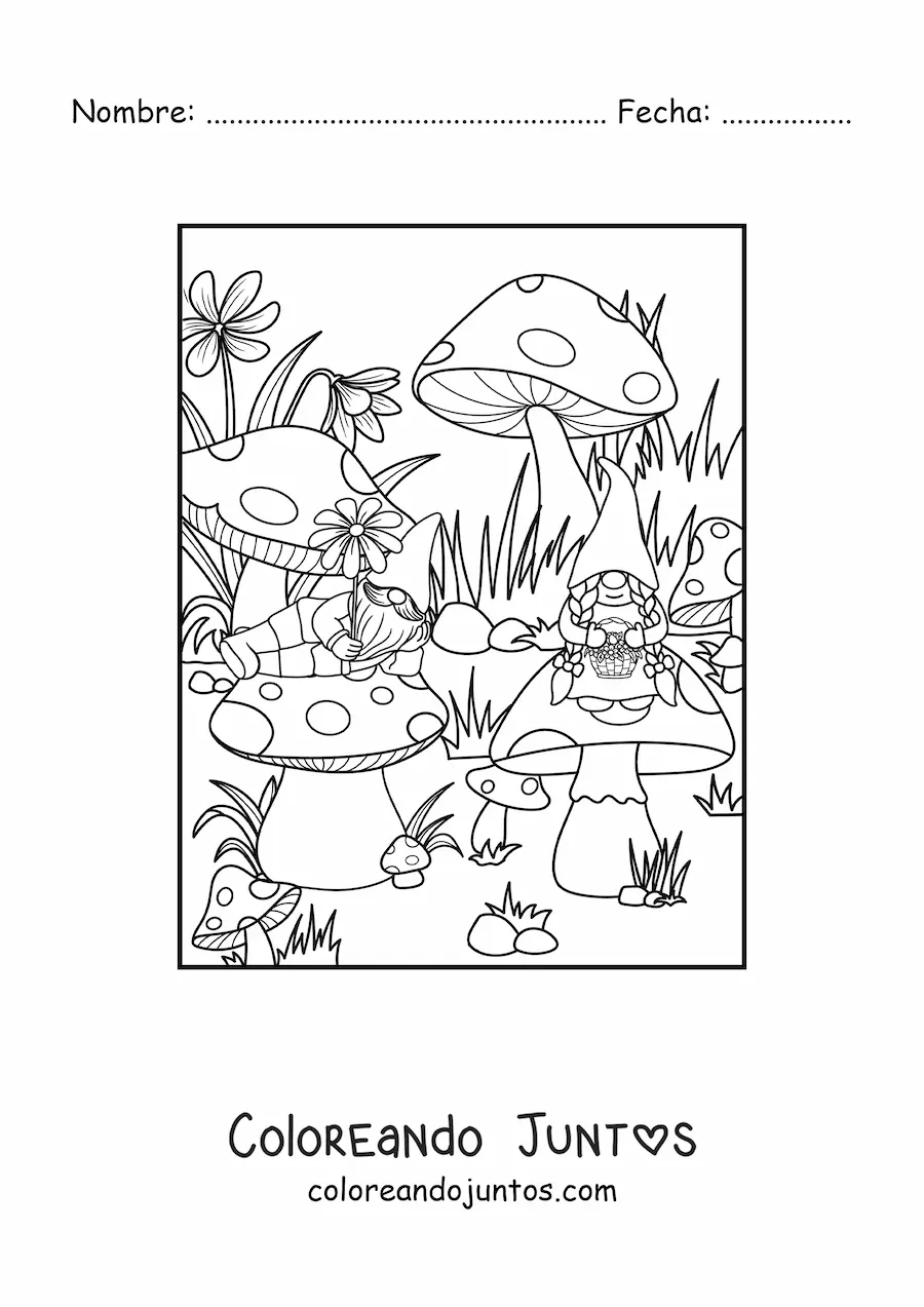 Imagen para colorear de pareja de gnomos sentados en hongos