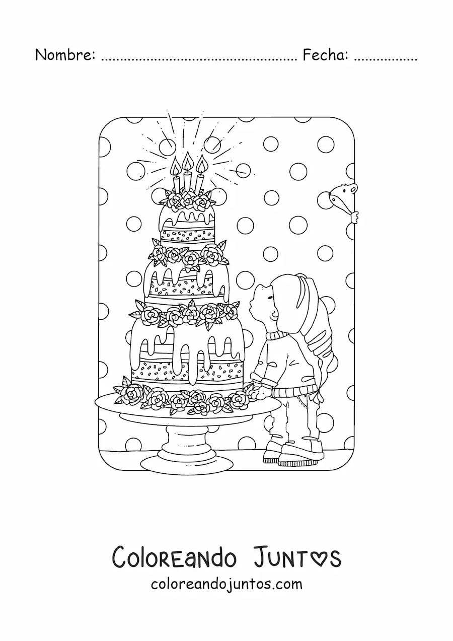 Imagen para colorear de gnomo kawaii con pastel de cumpleaños