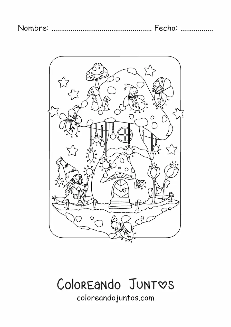 Imagen para colorear de gnomo mágico y luciérnagas animadas en casa con forma de hongo