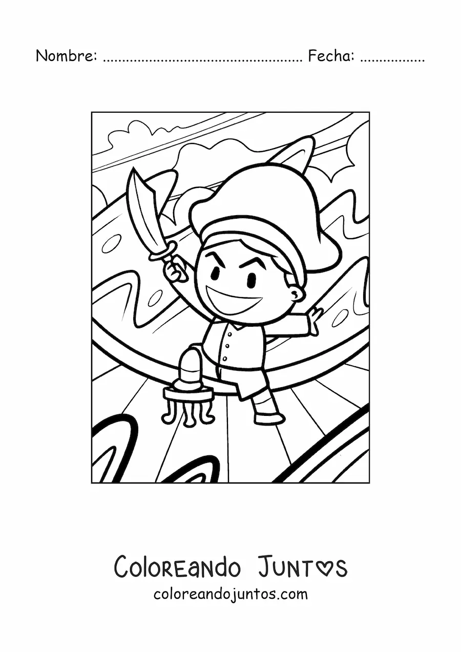 Imagen para colorear de pirata malo animado con espada en un barco
