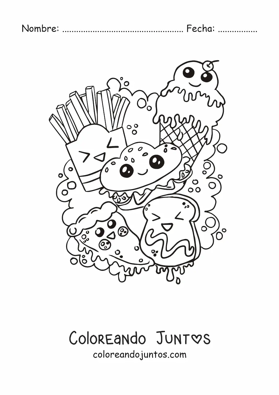 Imagen para colorear de una hamburguesa, papas fritas, helado y una tostada kawaiis