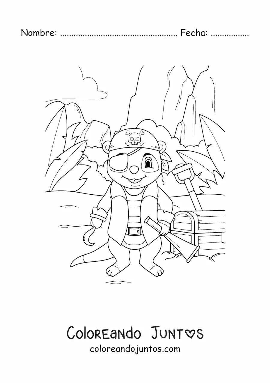 Imagen para colorear de suricata pirata animada con cofre del tesoro en la isla