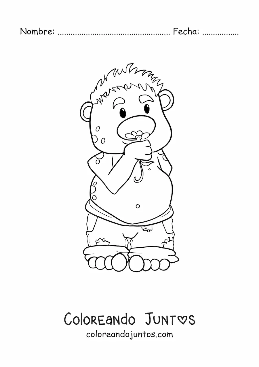 Imagen para colorear de troll animado oliendo una flor