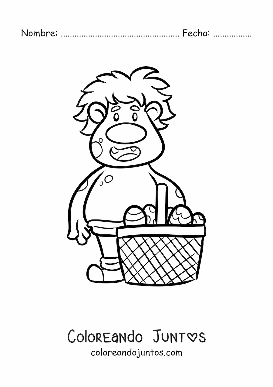 Imagen para colorear de troll animado con canasto de huevos de pascua